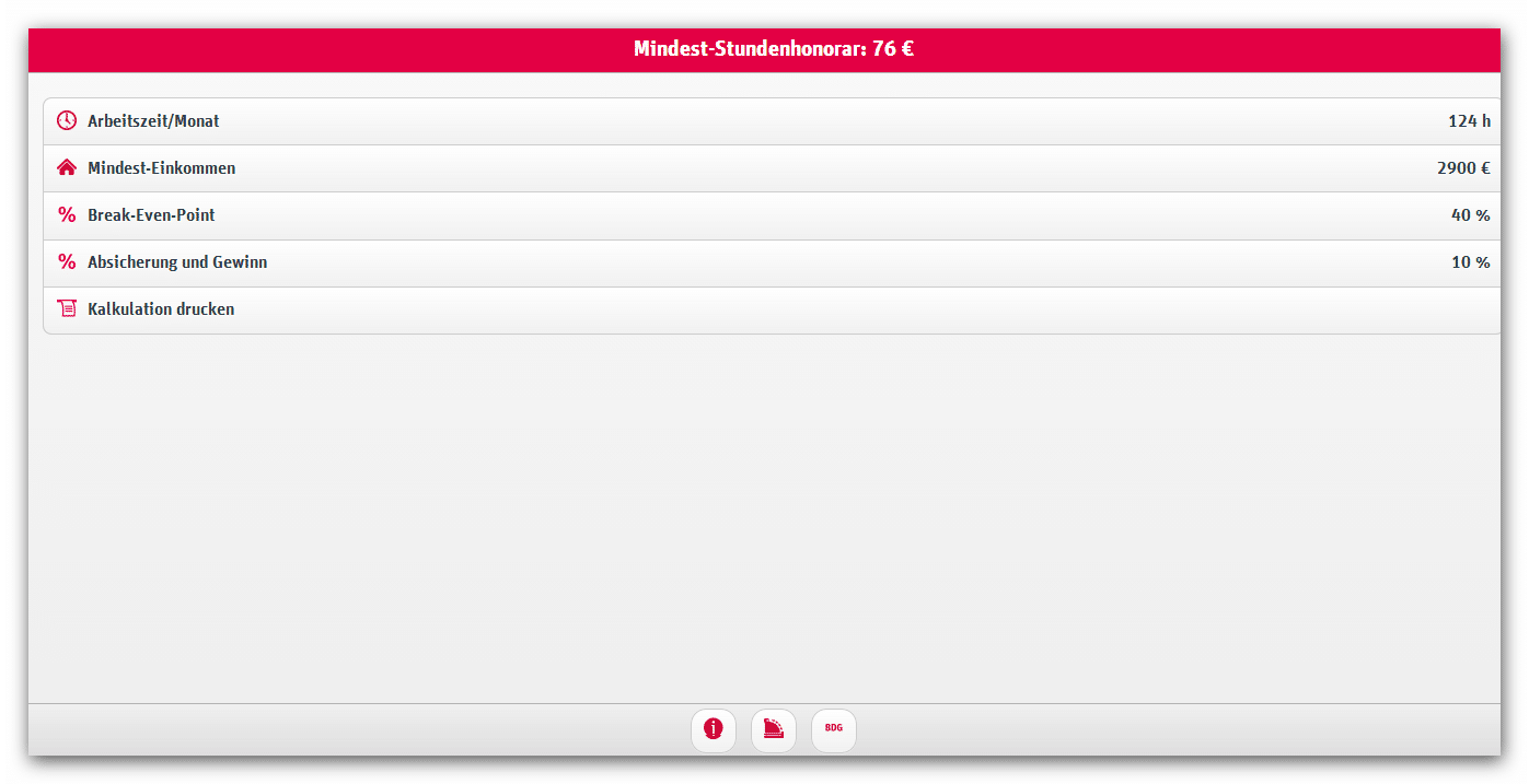 Der BDG Stundensatz-Kalkulator (Beispielrechnung, Screenshot)