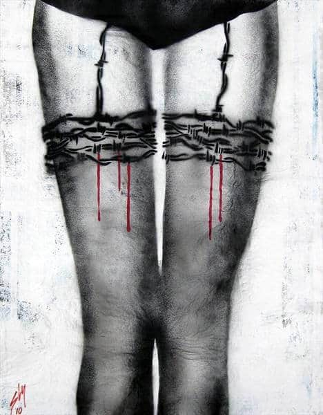 "Barbed Wire Stockings" - Sprayed Stencil Art von Juan Sly