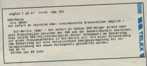 dpa Eilmeldung zum Mauerfall vom 09.11.1989