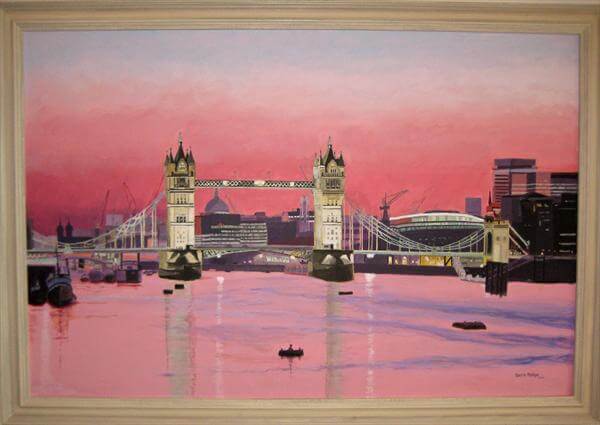 "Evening At Tower Bridge" - handgemaltes Acrylgemälde von Laurie Phillips