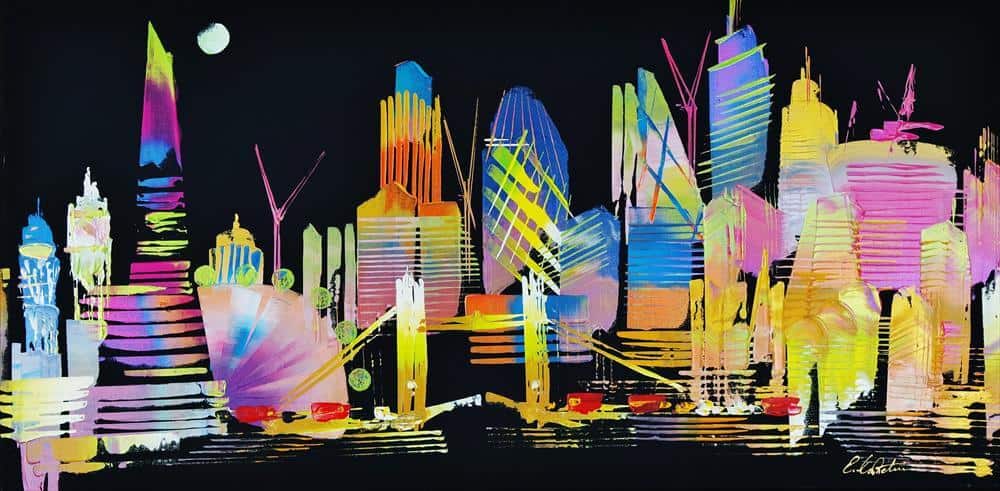 "City Of London Night Skyline Abstract Painting 957" - Abstraktes Acrylbild von Eraclis Aristidou