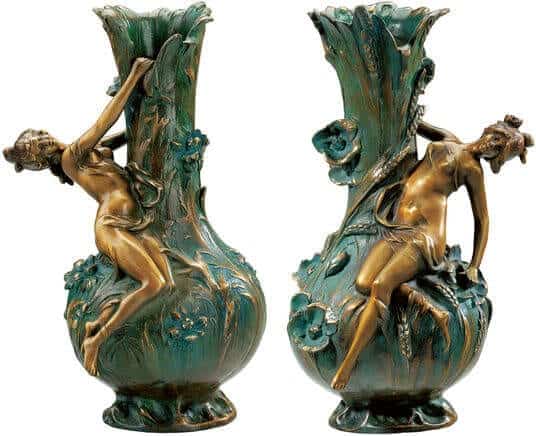 Replikat von Louis Auguste Moreau: 2 Vasen "Marguerites" und "Coquelicot" in Bronze (antikgrün)