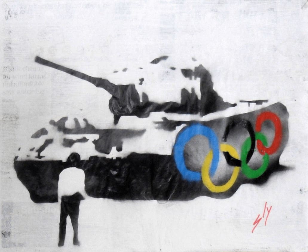 "Sinolympics" - Spray-Paint Bild des britischen Urban Art Künstlers Juan Sly