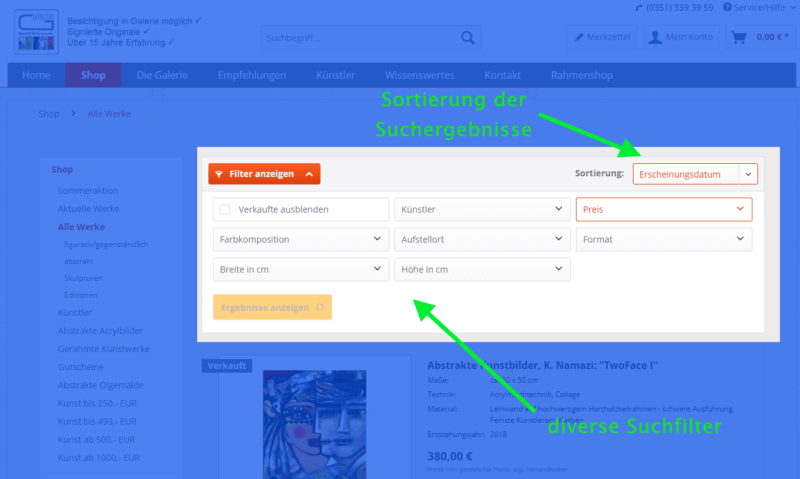 Suchfilter und Sortierungsmöglichkeiten
