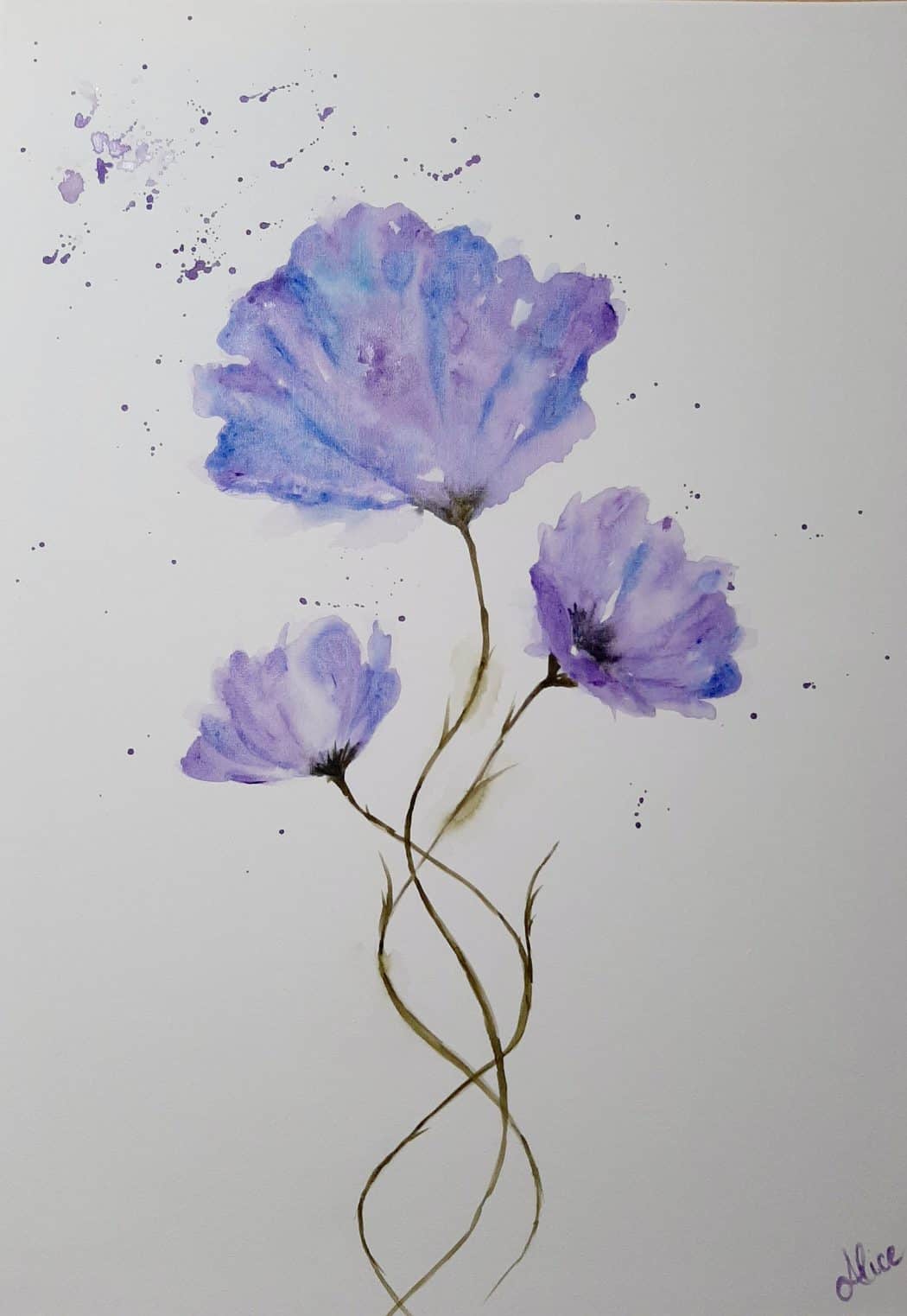 Original Lila Blumen, Aquarelle auf großer Leinwand 50x70cm - Kunstplaza