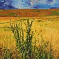 Acrylbild  "Landschaft mit Kornfeld und Diestelgewächs"  70x50