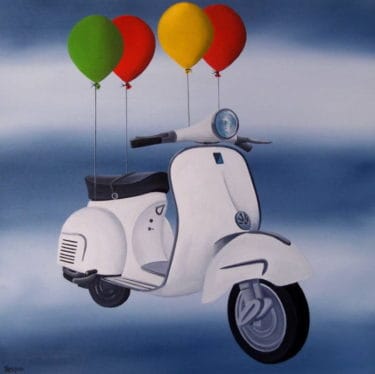 Surrealistisches Ölgemälde "Vespa Flying Painting" von Trevisan Carlo