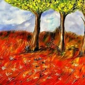 Rote Wiese mit drei Bäumen
