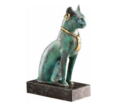 Altägyptische Bastet-Katze mit Collier, Metallguss + Diabas, patiniert und teilvergoldet