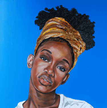 „Tranquil Gaze (2020)" - Mixed-Media Portraitmalerei einer schwarzen Frau, von Mikéla Henry-Lowe