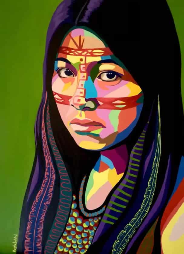 Folk Art Acrylbild „Kichwa Woman​“ (2021) der peruanischen Malerin Gisella Stapleton