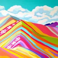 Farbintensives Acrylgemälde „Vinicunca, Rainbow Mountain“ (2021) der peruanischen Malerin Gisella Stapleton
