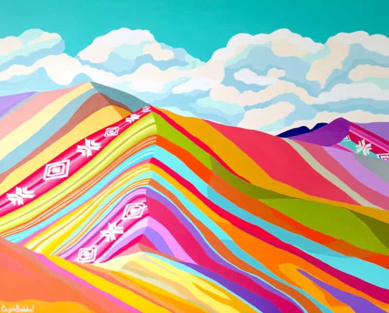 Farbintensives Acrylgemälde „Vinicunca, Rainbow Mountain“ (2021) der peruanischen Malerin Gisella Stapleton