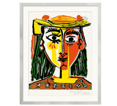 Pablo Picasso: "Frau mit Pompom-Hut und einer bedruckten Bluse" (1962), Reproduktion auf Bütten