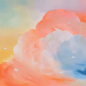 Verträumtes Himmelsbild „Migration / Neon Coral Painting“ (2021) von Julia Martynova, Öl auf Leinwand, Abstrakte Malerei