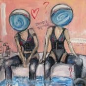 Expressives Kunstwerk „2 girls in your bathroom“ (2019) von Anna Poliakova, Öl auf Leinwand
