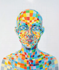 Farbenfrohes Potraitgemälde „Pixel – Engage with Your Digital Self“ (2014) von Paola Minekov, Acryl auf Holzplatte