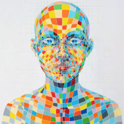 Farbenfrohes Portraitgemälde „Pixel - Engage with Your Digital Self“ (2014) von Paola Minekov, Acryl auf Holzplatte