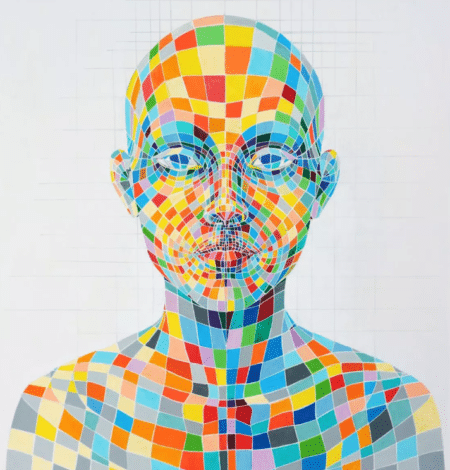 Farbenfrohes Potraitgemälde „Pixel - Engage with Your Digital Self“ (2014) von Paola Minekov, Acryl auf Holzplatte