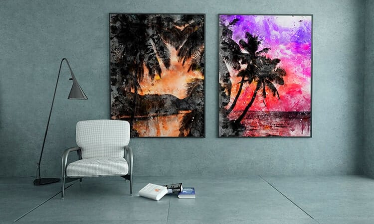 Tropical Sunset & Purple Palm Beach - thedotRod Wall Art Digital Painting Limited Edition Metallkunst HD Metal Print