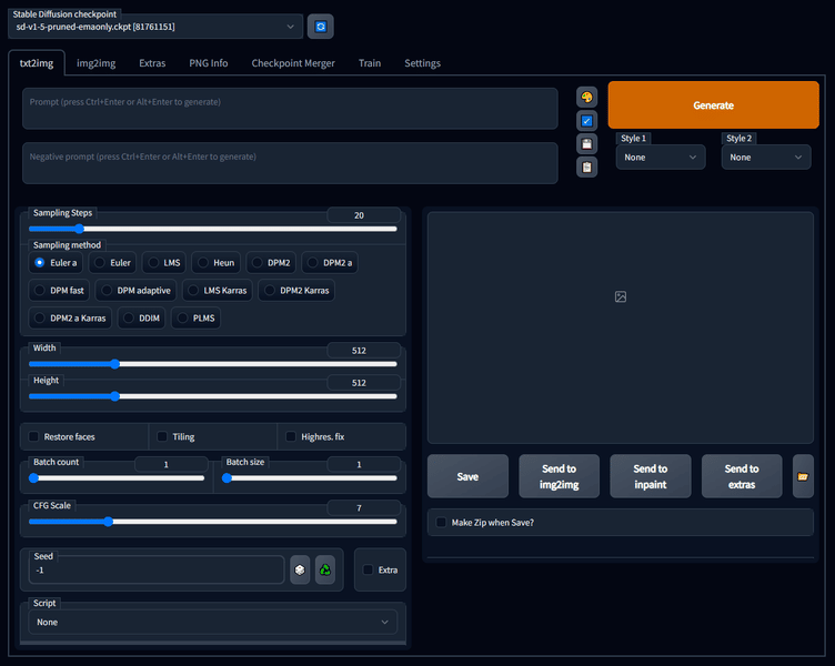 Benutzeroberfläche der Open-Source-Web-UI-Implementierung von AUTOMATIC1111 des Stable Diffusion AI-Bilderzeugungsmodells