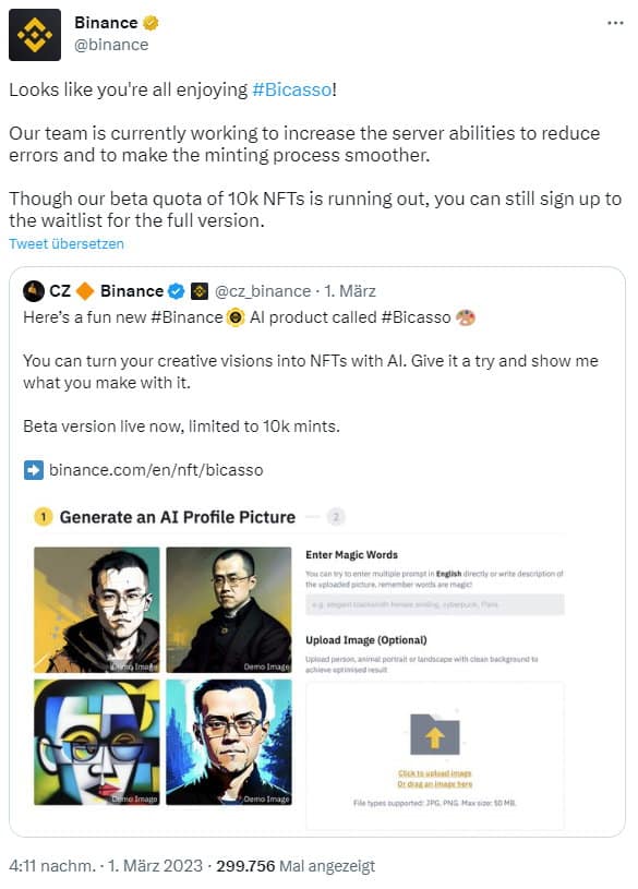 Binance verkündet den Launch ihrer neuen KI-basierten Plattform Bicasso