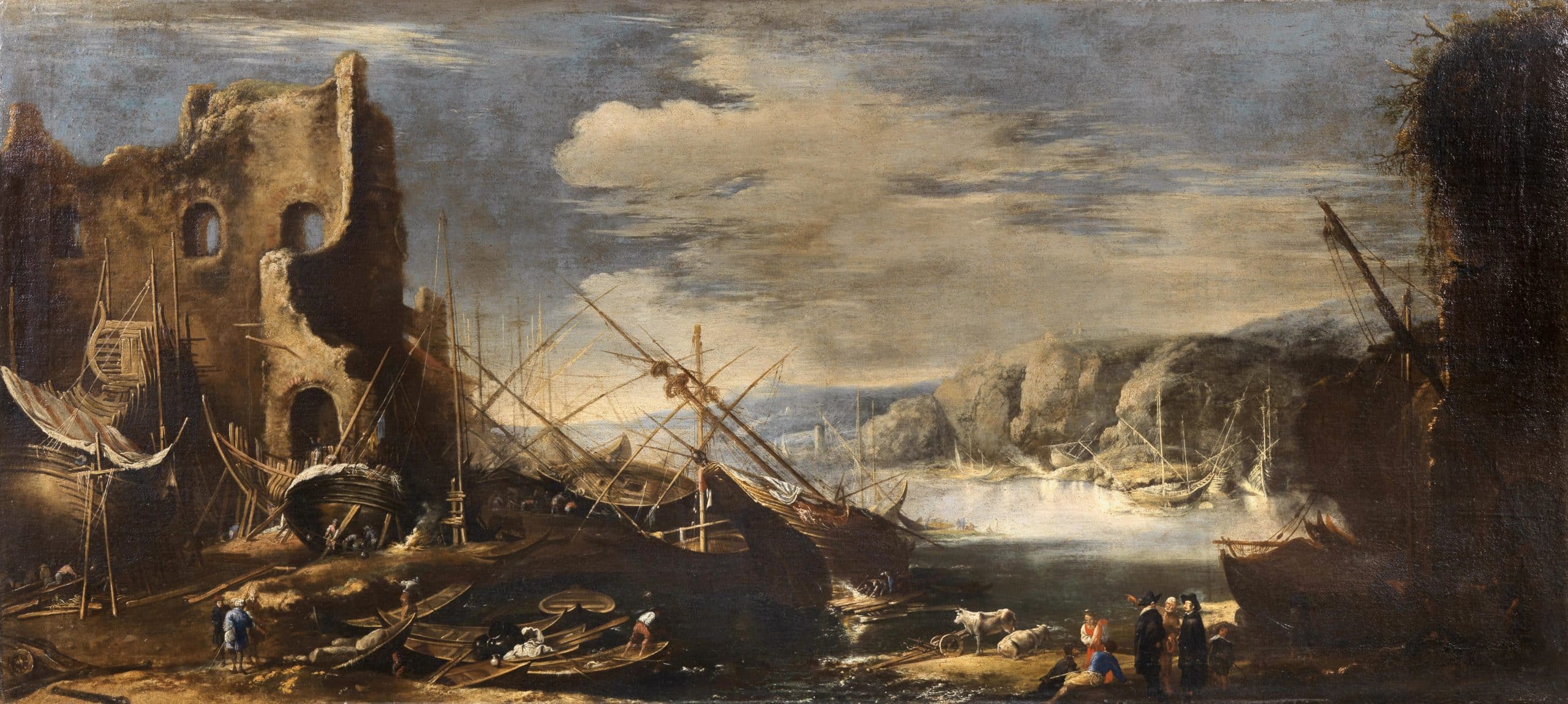 A coastal landscape with shipwrecks and ruins