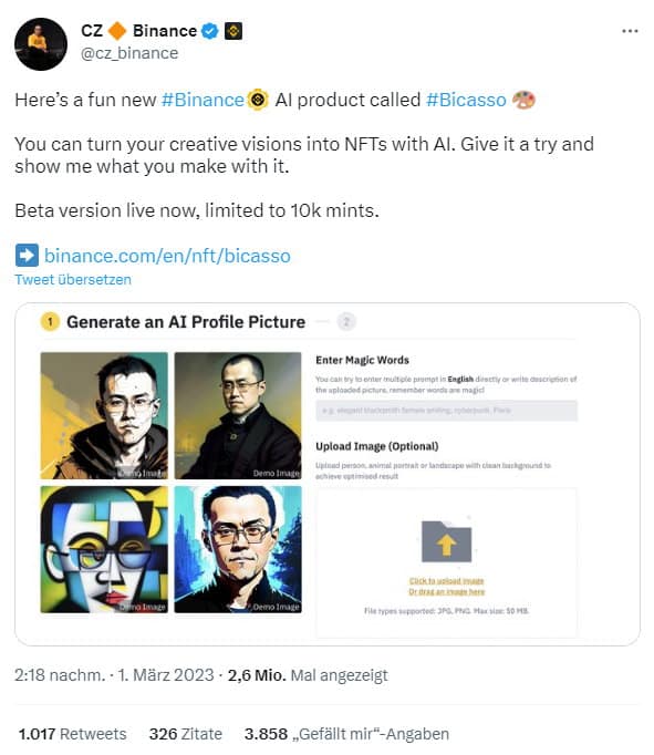 Offizieller Tweet des Binance-CEOs zum Launch von Bicasso