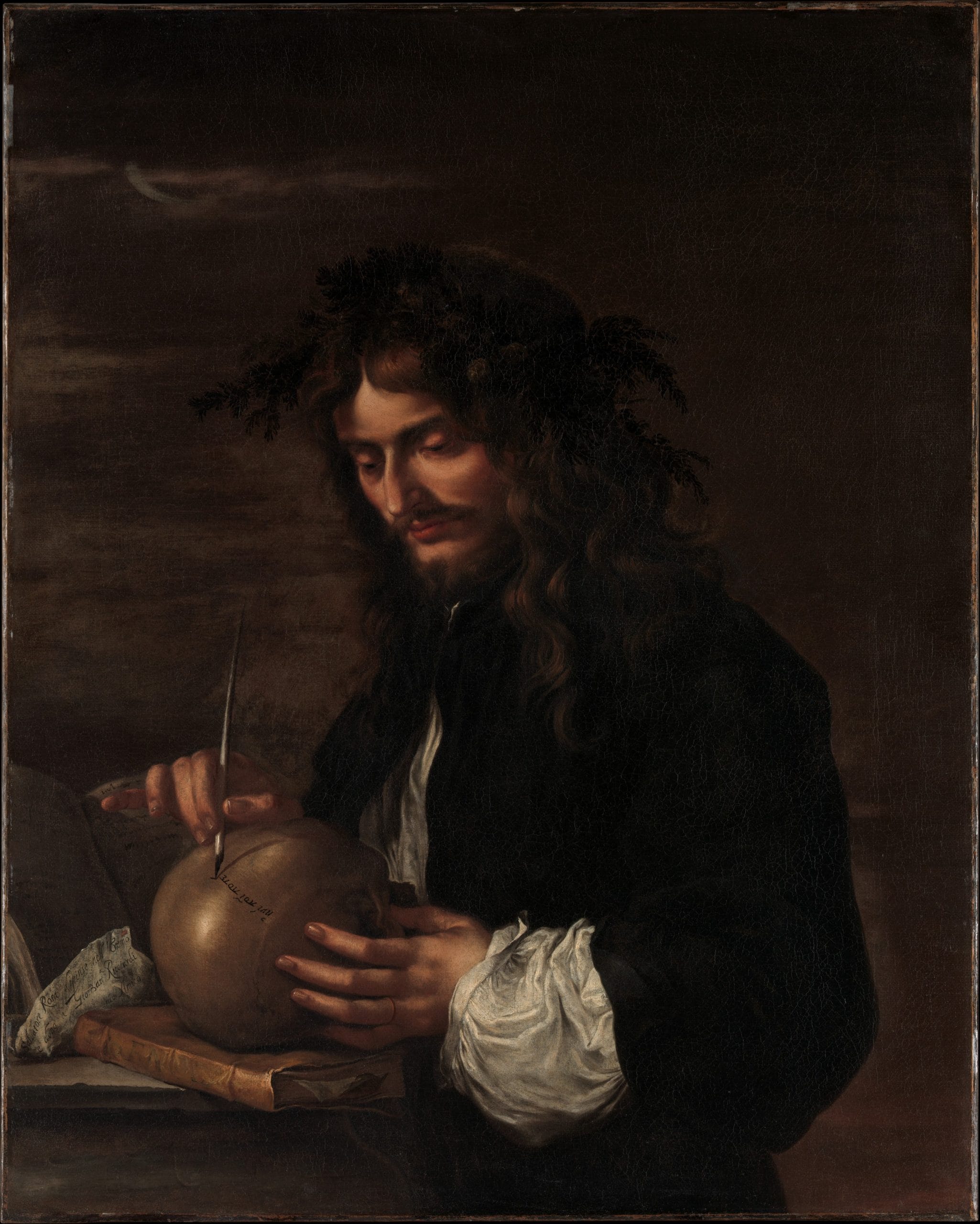 Aussagekräftiges Selbstporträt von Salvator Rosa, Italien (ca. 1647) mit sorgfältig platzierten symbolhaften Objekten