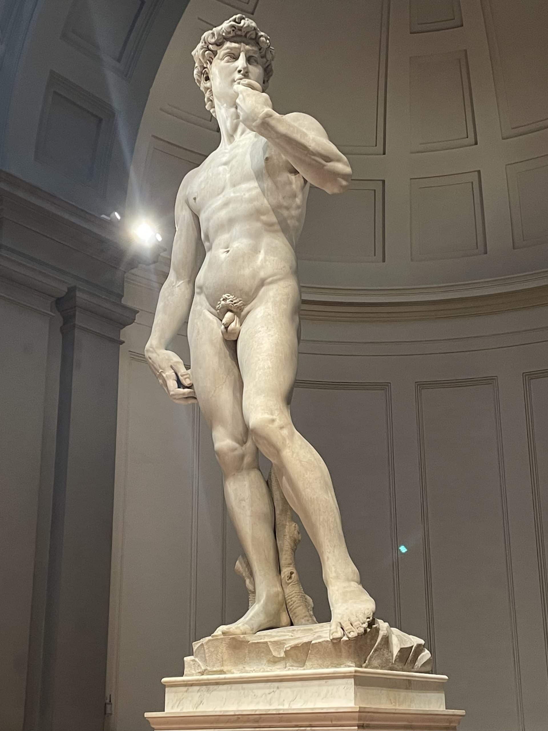 Der David von Michelangelo, zwischen 1501 und 1504 in Florenz entstanden, ist die erste Monumentalstatue der Hochrenaissance und gilt als die bekannteste Skulptur der Kunstgeschichte.