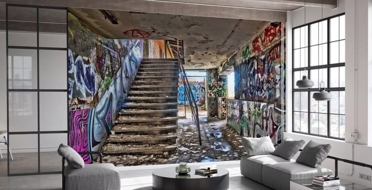 Graffiti Wall und Street-Art Wandkunst für Zuhause Inneneinrichtung graffiti art Abandoned Building Staircase © Photowall, erhältlich als Fototapete mit Wunschgröße