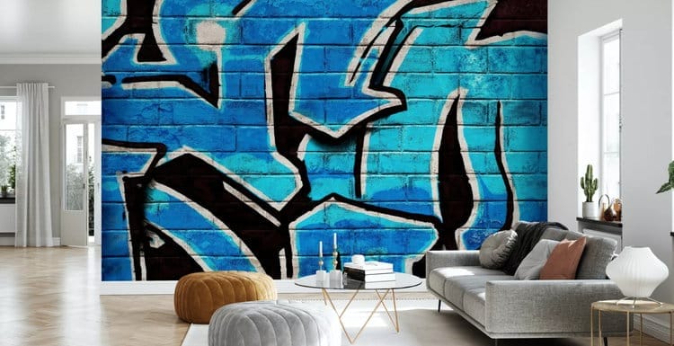 Graffiti Brick Wall - Blue © Photowall, erhältlich als Fototapete mit Wunschgröße