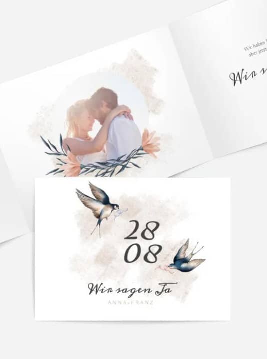 Kreativ gestaltete Karte: Hochzeitseinladung Vögel des Glücks, gefunden auf meine-kartenmanufaktur.de