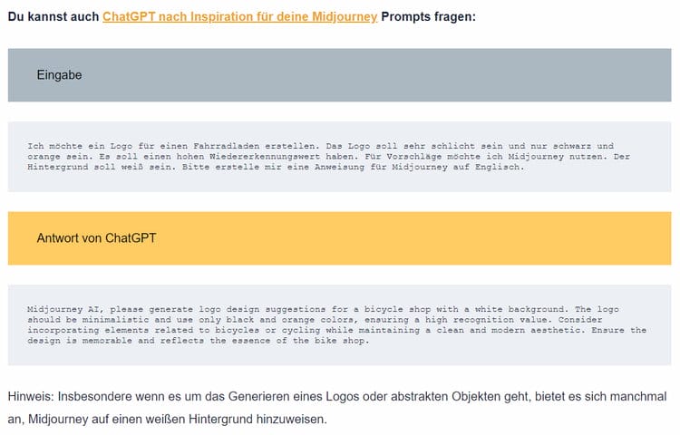 Sie haben auch die Möglichkeit, ChatGPT um Inspiration für Ihre Midjourney-Prompts zu bitten (Screenshot von KI Praxisbeispiele)