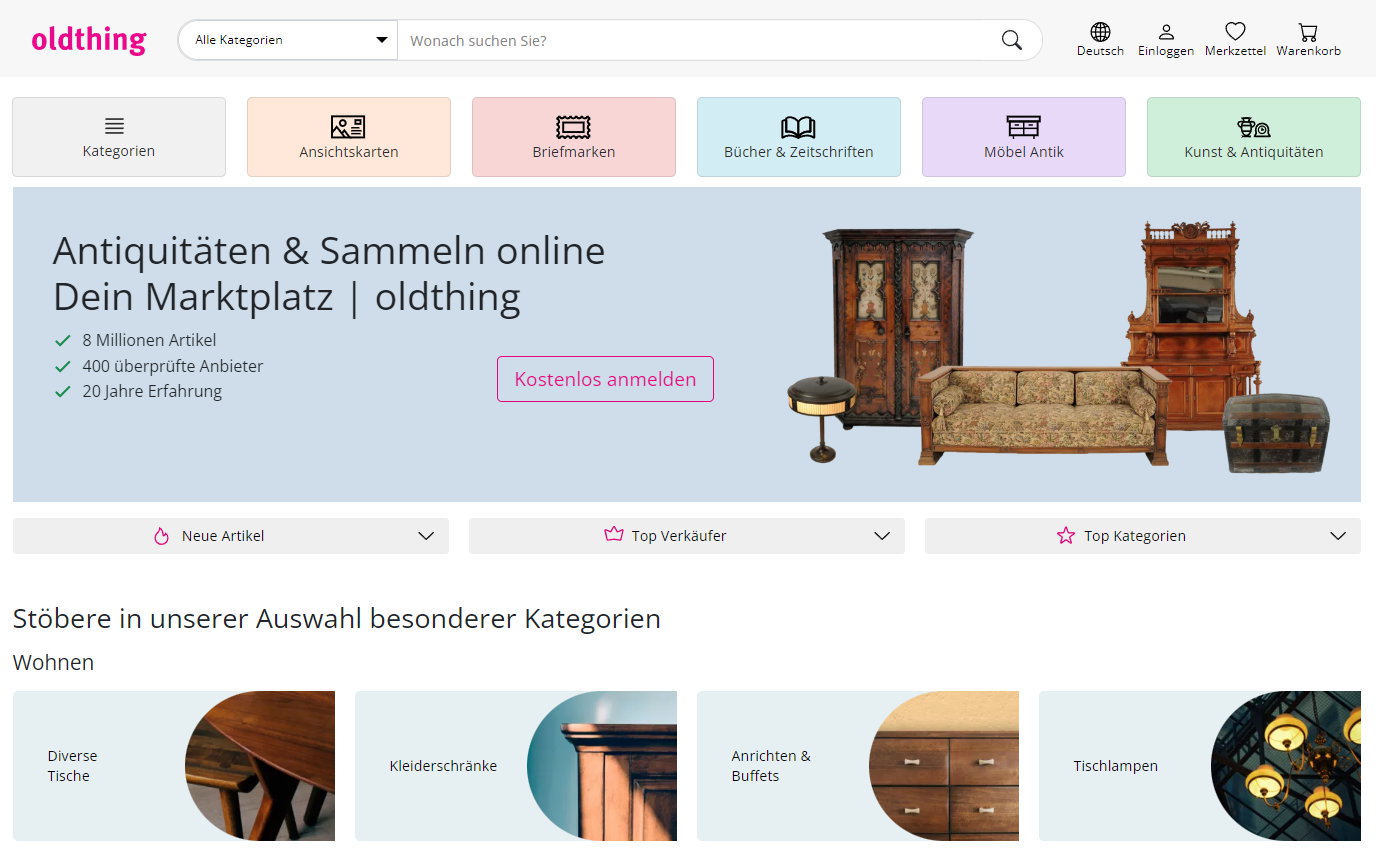Oldthing ist ein professioneller online Marktplatz für Antiquitäten, Sammlerstücke und schöne alte Möbel