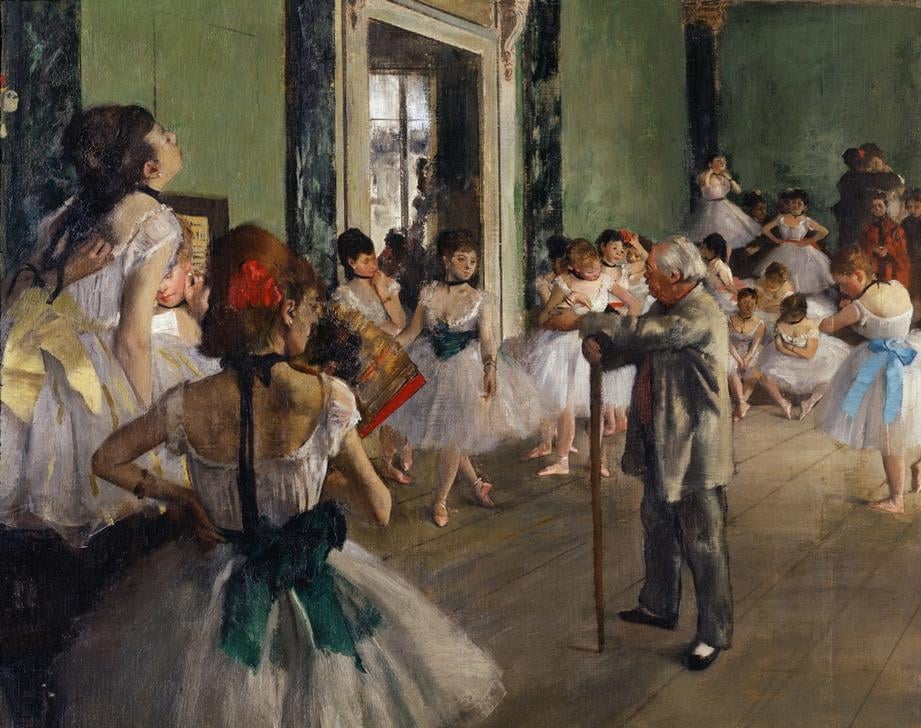Die Tanzklasse von Edgar Degas. Verfügbar als Kunstdruck auf Leinwand, Fotopapier, Aquarellkarton, Naturpapier oder Japanpapier.