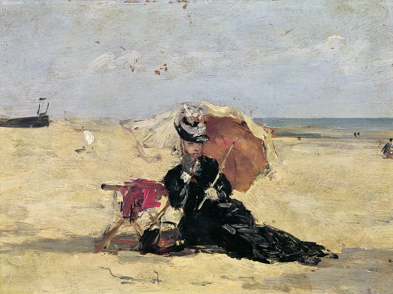 Frau mit Sonnenschirm am Strand, 1880 von Eugene Louis Boudin