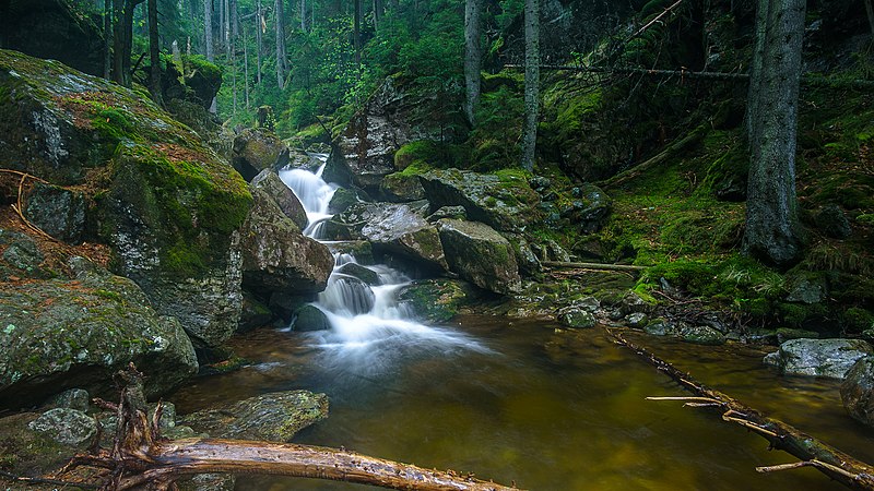 Wasserfall im Rißloch - Aufgenommen bei Regen im Rißloch Naturschutzgebiet bei Bodenmais im Bayerischen Wald. Das Wasser mehrerer kleiner Bäche vereinigt sich in dieser Felsen Schlucht und stürzt über mehrere Kaskaden ins Tal