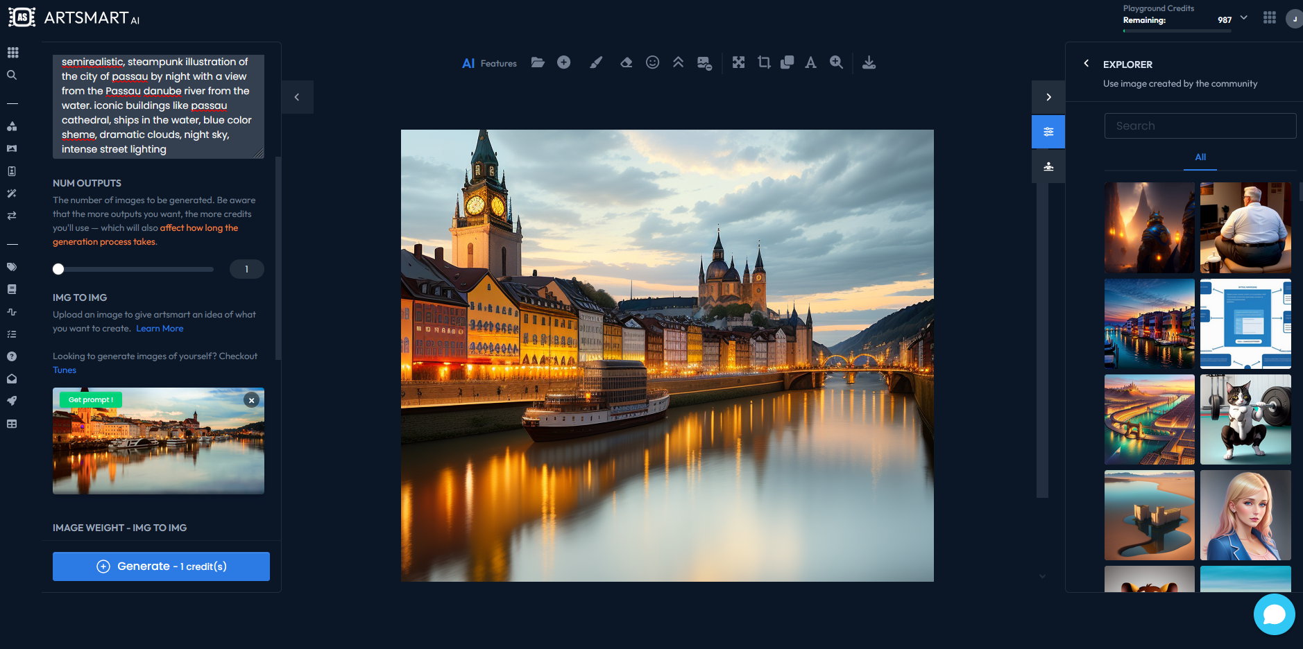 KI-Bild von Passaus Donaupromenade mit Dom im Hintergrund, erstellt mit der Image-to-Image Funktion