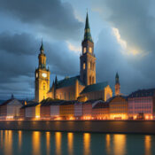 Passau bei Nacht mit Blick auf den Dom (viktorianischer Steampunk-Bildstil), generiert per Text-to-Image Funktion des KI Bildgenerators Artsmart AI