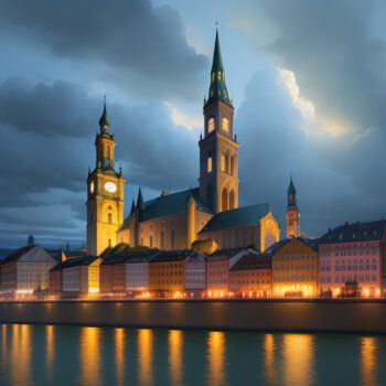 Passau bei Nacht mit Blick auf den Dom (viktorianischer Steampunk-Bildstil), generiert per Text-to-Image Funktion des KI Bildgenerators Artsmart AI
