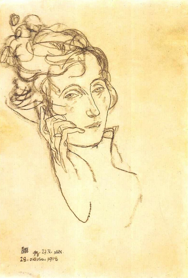 Edith Schiele sterbend (1918), Schwarze Kreide auf Papier