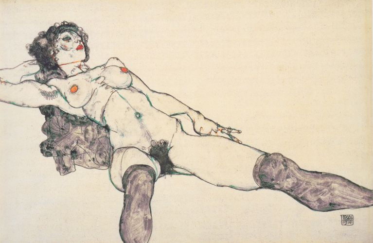 Liegender weiblicher Akt mit gespreizten Beinen (1914), Bleistift, Pinsel, Deckfarben auf Japanpapier