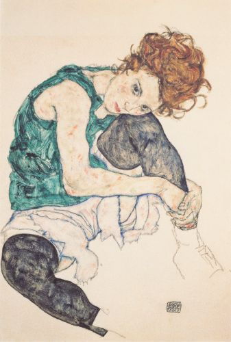 Sitzende Frau mit hochgezogenem Knie (1917), Kohle, Aquarell, Gouache