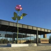 Ausstellungsansicht „Isa Genzken. 75/75“, Neue Nationalgalerie, 2023 PINK ROSE, 2016/2023 cast aluminum, paint, stainless steel 825 × 289 × 307 cm Fredriksen Family Collection Foto: Nationalgalerie – Staatliche Museen zu Berlin / Jens Ziehe Courtesy Galerie Buchholz © VG Bild-Kunst, Bonn 2023