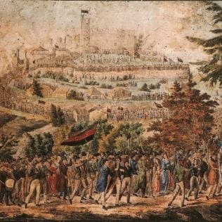 De processie naar kasteel Hambach op 27 mei 1832. Gekleurde penlithografie, circa 1832