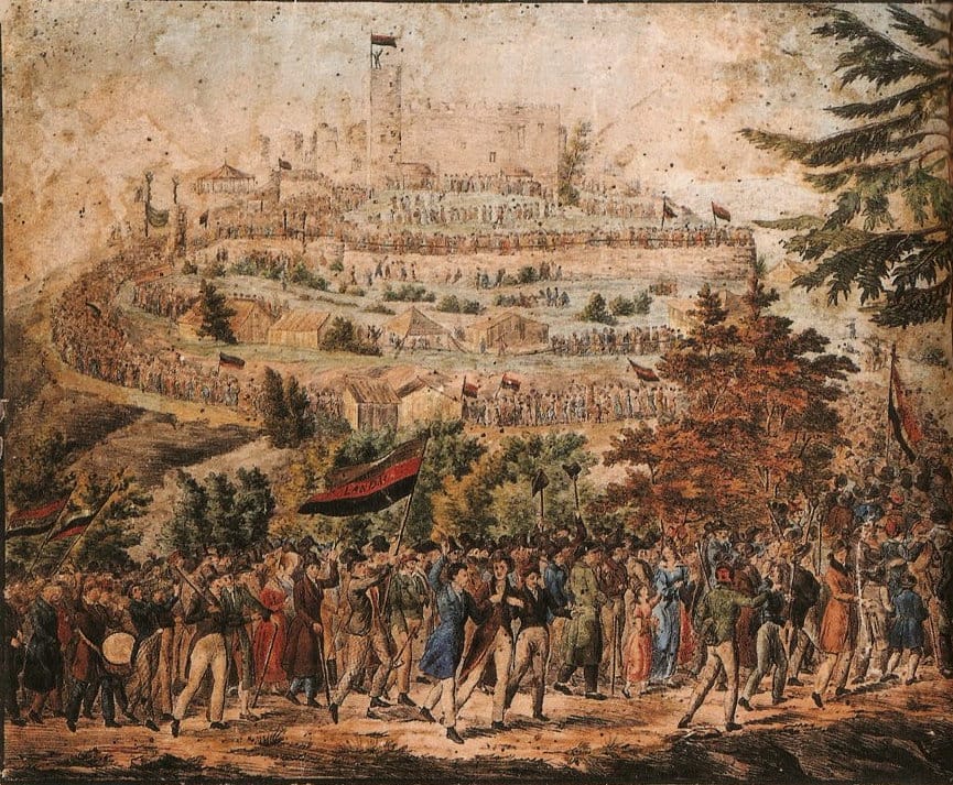 Der Zug zum Hambacher Schloss am 27. Mai 1832. Kolorierte Federlithographie, um 1832