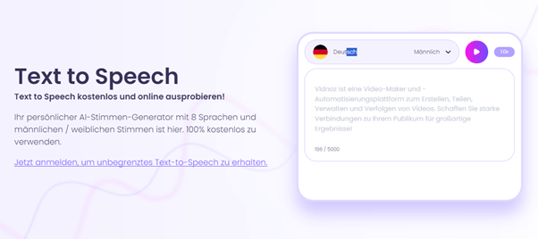 Die Text-to-Speech Funktion von Vidnoz AI