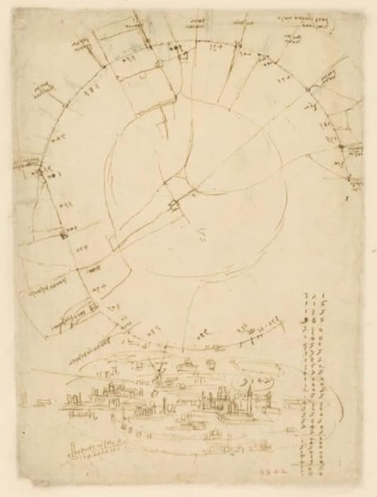 Die von Leonardo da Vinci erstellte Karte von Mailand, die den südlichen Teil Mailands hervorhebt (1478)