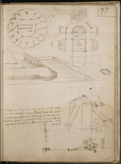 Auszug aus Da Vincis Skizzenbuch - womöglich ging es hier um Studien zu militärischen Wehranlagen